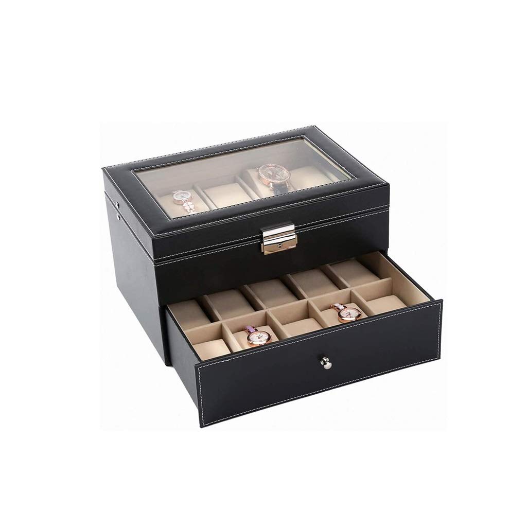 Caja de reloj de piel sintética para hombre con tapa de cristal