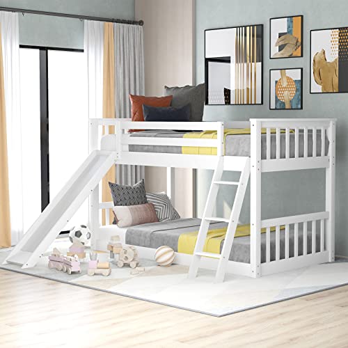 Twin-Over-Twin-Floor-Bunk-Bed-with-Slide-and-LadderSolid-Pine-Wood-Low-Bunkbeds-wSafety-GuardrailsNo-Box-Spring-Needed-Noise-Free-for-Dorm-Bedroom-Guest-Room-White