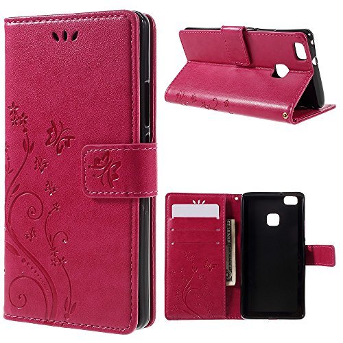 compatibile con HUAWEI P9 LITE (5.2) / G9 lite/VNS-L23 VNS-L21 VNS-L31 Custodia COVER case FLIP LIBRO stand GEL silicone protezione TPU eco pelle PORTAFOGLIO MAGNETICA porta carte Fucsia farfalla
