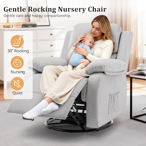 Image of Korser Recliner Chair, 360 Swivel Rocker Chair for Adults, Small Rocking Recliner for Small Spaces, Upholstered Fabric Glider Recliner Nursery