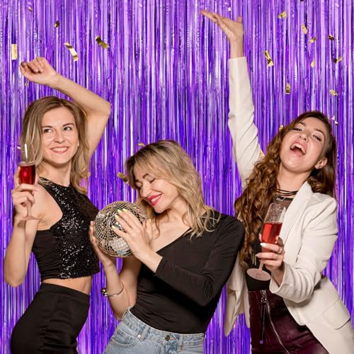 Image of Purple Metallic Tinsel Foil Fringe Curtains Backdrop 2Pack 3.3x8.3Ft Purple Party Streamers for Birthday Party Decorations Halloween Christmas Decors Foil Curtain Backdrop for Bachelorette Wedding