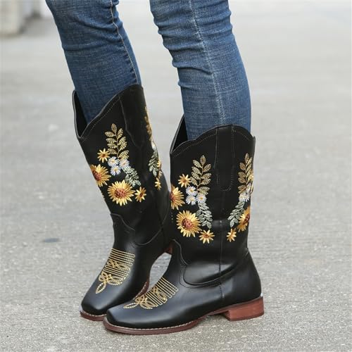 HINDOLA Cowboy Boots for Women Mid Calf Cowgirl Western Boots Sunflower Embroidery Stitched Square Toe Low Heel Ankle Boots2
