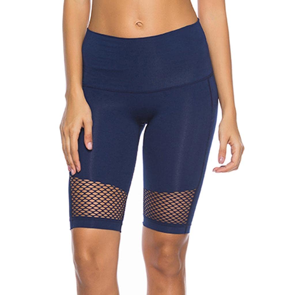 NIVAA Women Stretch Mesh Pocket Gym Skinny Yoga Mid Shorts Half Pants L Navy blue-image-4