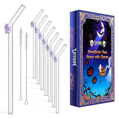 Cute Glass Straws with Purple Skull Charms - Clear Reusable Drinking...
