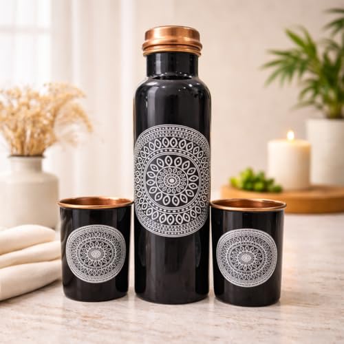 Image of JAIPUR ACE Black Copper Water Bottle with Glass Set 100% Pure Copper Mandala Design Leak Proof Anti Slip Ayurvedic Drinking Bottle Set for Home Office Kitchen Gifting Premium Copper Bottle Set