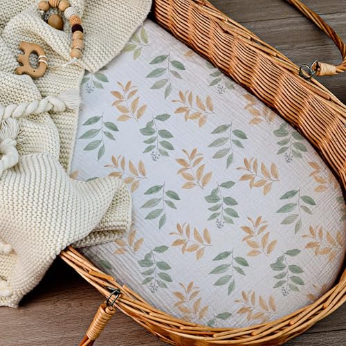Image of Muslin Bassinet Fitted Sheets 2 Pack, Soft Breathable Cotton Baby Bassinet Mattress Sheet Set, 360 Elastic Snug Fit, Universal for Oval, Rectangle (Green Leaf, Bassinet Sheets 2 Pack)