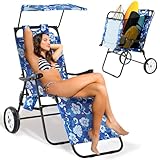 DoCred Beach Chair with Canopy Shade, Folding Beach Cart Chair w/Wheels, Outdoor Recliner Patio Lounge Chairs for Camp, Tailgates, Fishing - Support 400 LBS