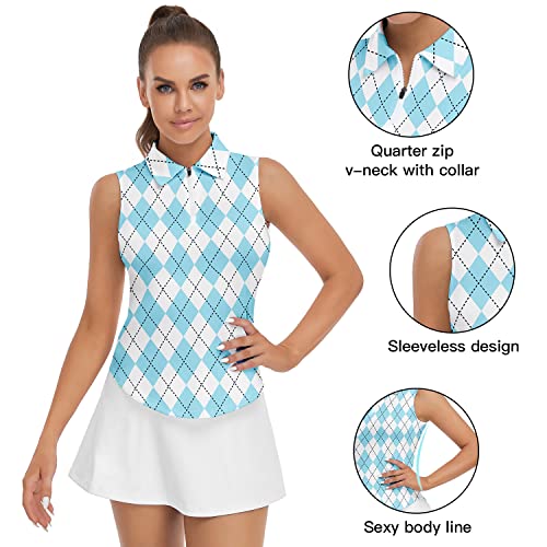 Women Argyle Golf Shirt Sleeveless Athletic Sport Polo Tank Top Printed Polo Half Zip Tennis Shirts Sleeveless Blue #TOP1