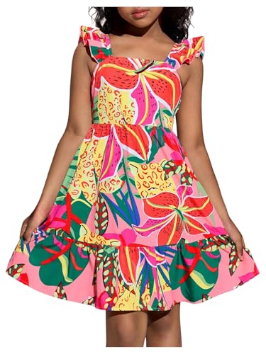 SOLY HUX Girl's Summer Dresses Square Neck Ruffle Sleeveless Vacation Short Flared Dress