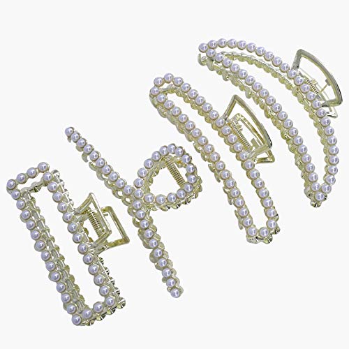4 Pack Pearl Lazy Simple Headdress Large Metal Hair Claw Clips Non Slip Clips for Thick / Thin Hair (Pearl)