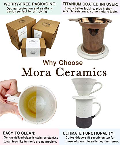 Mora Ceramics Tea Mug with Loose Leaf Infuser, Spoon and Lid, 12 oz, Microwave and Dishwasher Safe Coffee Cup - Rustic Matte Ceramic Glaze, Modern Herbal Tea Strainer - Great Gift for Women, Flint