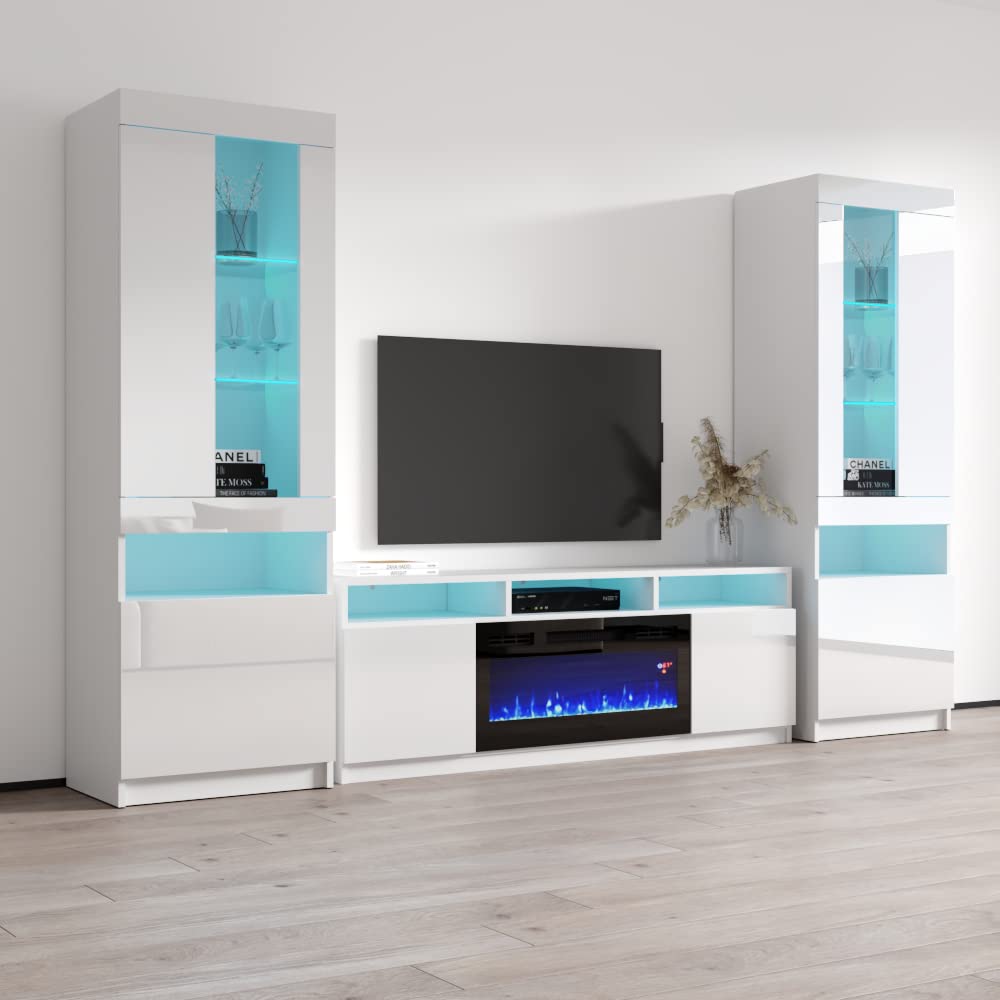 Meble Furniture Reno 05 Electric Fireplace Entertainment Center - Entertainment Center Console for Bedroom & Living Room - Modern TV Entertainment Center with Komi Bookcase and LED Lights - White