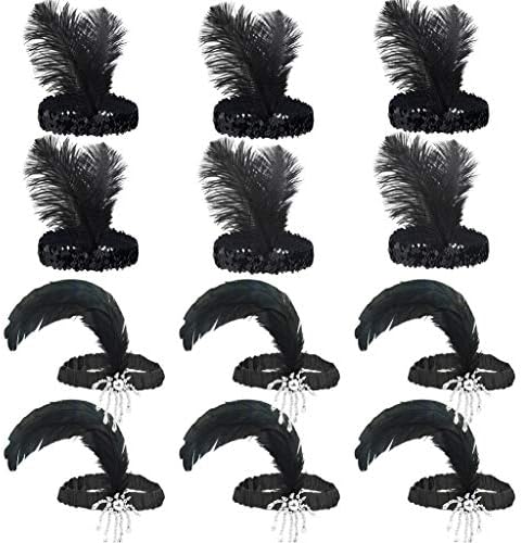 Tongcloud 12pcs 1920s Flapper Headband, Costume Flapper Headpiece for Women, Black Feather Headband, Great Gatsby 1920s Hair Accessory, Vintage Headpiece for Gatsby Theme Party (Black)