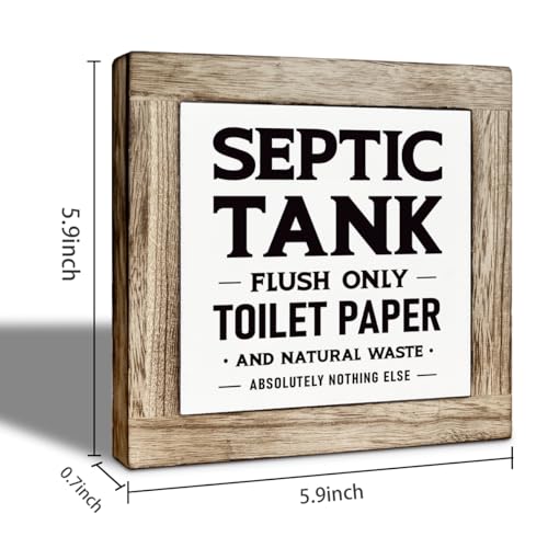 Bathroom Decor Sign, Septic Tank Only Flush Toilet Paper Wood Box Sign Tabletop Decor, Farmhouse Bathroom Signs, Decoration for Toilet Restroom, Funny Restroom Signs 5.9×5.9 inch