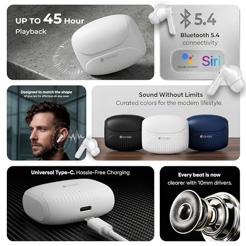 Image of Premium & Stylish True Wireless Earbuds, Bluetooth 5.4, 45 Hour Playback, 10mm Drivers, Type-C Charging (White)