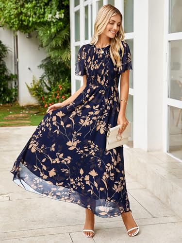 Image of Simplee Womens Casual Floral Summer Maxi Dress 2026 Boho Flowy Short Sleeve Crew Neck Vacation Smocked Chiffon Dresses