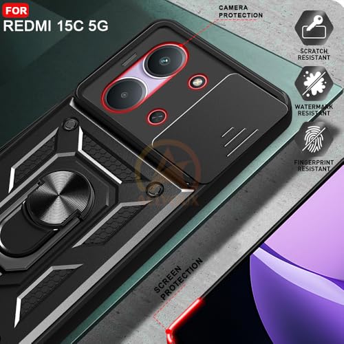 Image of Armor Bumper Back Cover Case for Redmi 15C 5G / Poco C85 5G Rotating Camera Cover, Ring Holder & Kickstand | Heavy Duty & 360 Degree Protection Redmi 15C 5G / Poco C85 5G Back Cover (Black)