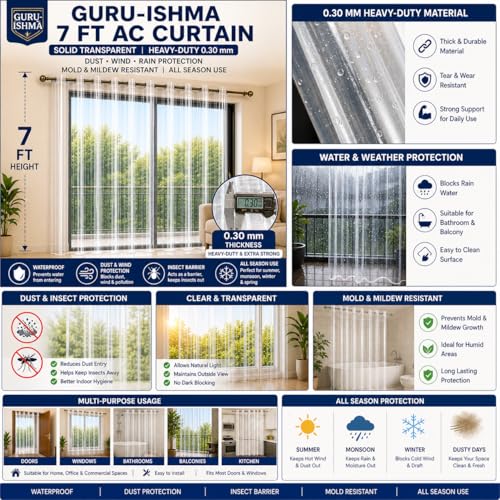 Image of 7 ft Solid Transparent AC Curtain | Waterproof Heavy-Duty 0.30 mm | Dust Wind Rain Protection, Mold & Mildew Resistant | All Season Use for Door, Window & Bathroom (Pack of 1)