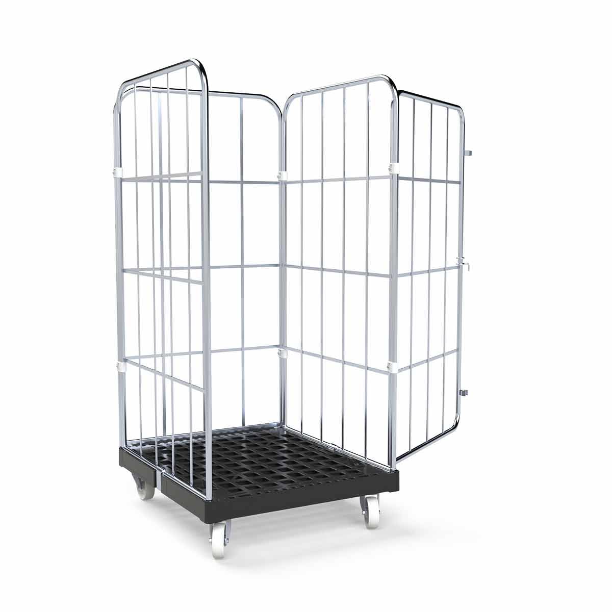 Bac à roulettes 1350 mm de hauteur utile (charge 500 kg), panneau plastique noir, 4 côtés, dimensions 724 x 815 x 1530 mm - Chariot grillagé robuste type Cr3 galvanisé pour garage, entrepôt