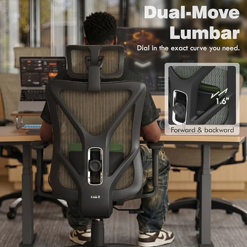 Image of ELABEST T23 Ergonomic Mesh Office Chair, High Back Computer Desk Chair, Breathable AirMesh with Dual-Move Lumbar Support, 3D Armrests & Headrest, Tilt Lock, Big and Tall for Home Office (Mocha)