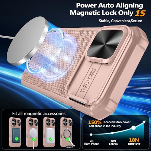 Image of Magnetic for iPhone 17 Case,[Slide Camera Cover][Compatible with Magsafe][Kickstand][Military Grade Protection] Shockproof Rugged Case for iPhone 17,Rose Gold