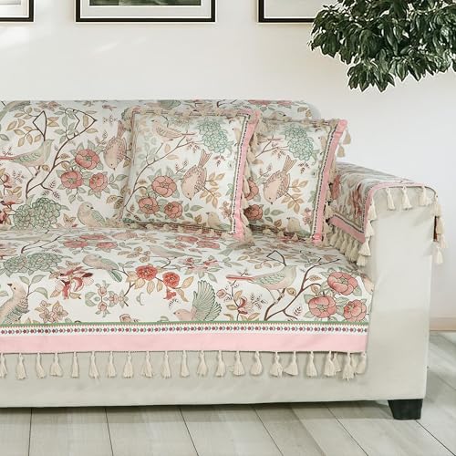 Image of ishro home Premium Sofa Cover 1 Seater Protecter with 2 Handle Covers - Soft European Standard Fabric, Frill Design, Machine Washable | (Gul-o-Parinday, 1 Seater)