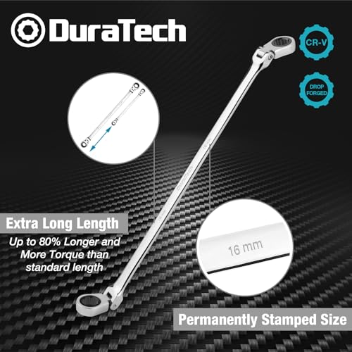 Image of DURATECH 16mm x 18mm Extra Long Flex-Head Ratcheting Wrench, Metric | CR-V Steel