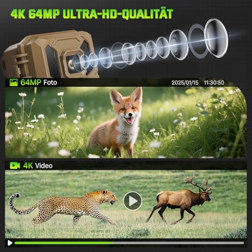 VIDVIS WLAN Wildkamera mit Handyübertragung App, 4K 64MP Wildtierkamera mit Nachtsicht Bewegungsmelder, Solar-Wild Kamera mit 850nm Infrarot-LED, 0,1s Auslösung, 32GB SD-Karte, IP66 Wasserdicht