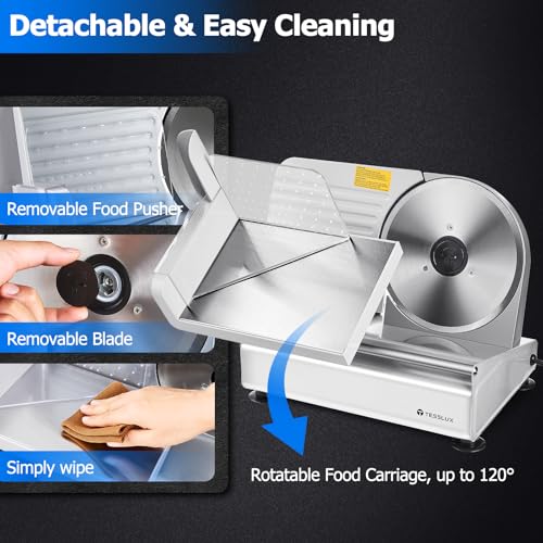 Tesslux Meat Slicer - Electric Deli Slicer, 200W, Dual 7.5" Blades, Adjustable Thickness 0-15mm, Safe Home Meat Slicer Machine with Stainless Steel and Aluminum Housing