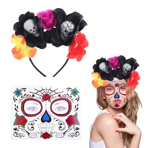 Ayizhiniu Diadema para el Día de los Muertos, Diadema del Día de Muertos con Rosas con Pegatinas de Tatuajes Faciales, Halloween Diadema Rosas Esqueleto, Adecuado Fiesta Cosplay (B)