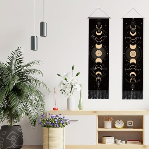 PLIGREAT 2 Pack Moon Phases Tapestry Vertical Wall Hanging with Tassels Aesthetic Wall Tapestry for Bedroom Bathroom Living Room Dorm Room Long Narrow Wall Hanging Home Art Decor Housewarming Gift - Image 2