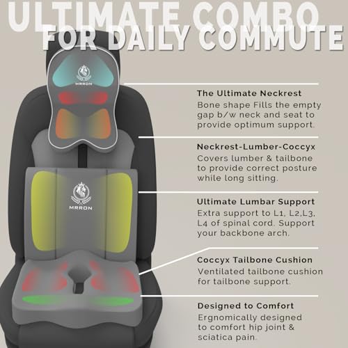 Image of MRRON Memory Foam Car Seat Cushion Combo - Backrest, Coccyx Cushion & Neckrest - Orthopedic Support for Back, Tailbone, Sciatica & Neck Pain - Ergonomic Comfort for Car, Office. (Grey, Lumbar)