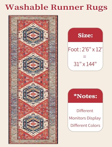 SERISSA Runner Rug for Hallways, 2'6"x12' Washable Non Slip Kitchen Runner Rug, Extra Long Boho Rug Ultra Soft Vintage Rust Print Floor Carpet for Bedroom Hallway Entryway Bathroom Laundry Room