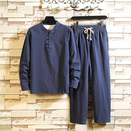 Men's Casual 2 Piece Sets Round Neck Long Sleeve Button Down Shirt Tops and Elastic Waist Pants Set Trendy Outfits2