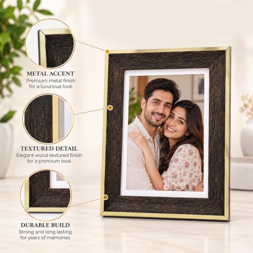 Image of GOLDEN PEACOCK 5x7 Inch Photo Frame in Dark Wood and Gold Finish for Tabletop Display or Wall Hanging, Holds Family Photos, Suits Home and Office