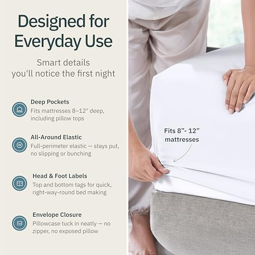 Image of Pack of 2 Super Soft 100% Cotton Twin XL Sheets Set, White | Lightweight & Breathable For Hot Sleepers, All-Around Elastic, Durable, Easy Care, OekoTex Certified