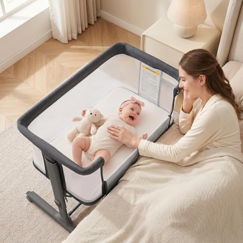 Image of INFANS 3 in 1 Baby Bassinet, Bedside Sleeper for Newborn, Folding Crib with Mattress, Travel Bag, Wheels, 4-Sided Mesh, Easy to Assemble Cradle Co Sleeper Stationary, Rock (Dark Grey)