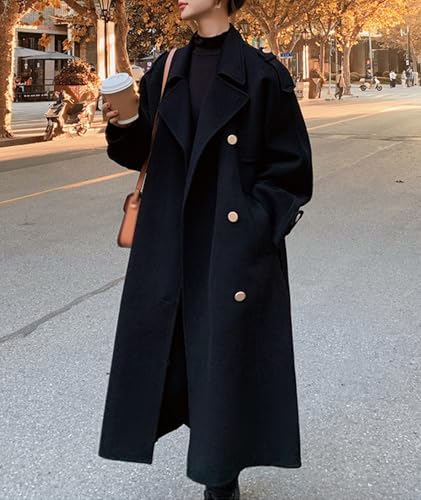 Sexyshine Women's Winter Double Breasted Long Pea Coat Notch Lapel Long Sleeve Wool Blend Trench Coat Overcoat4