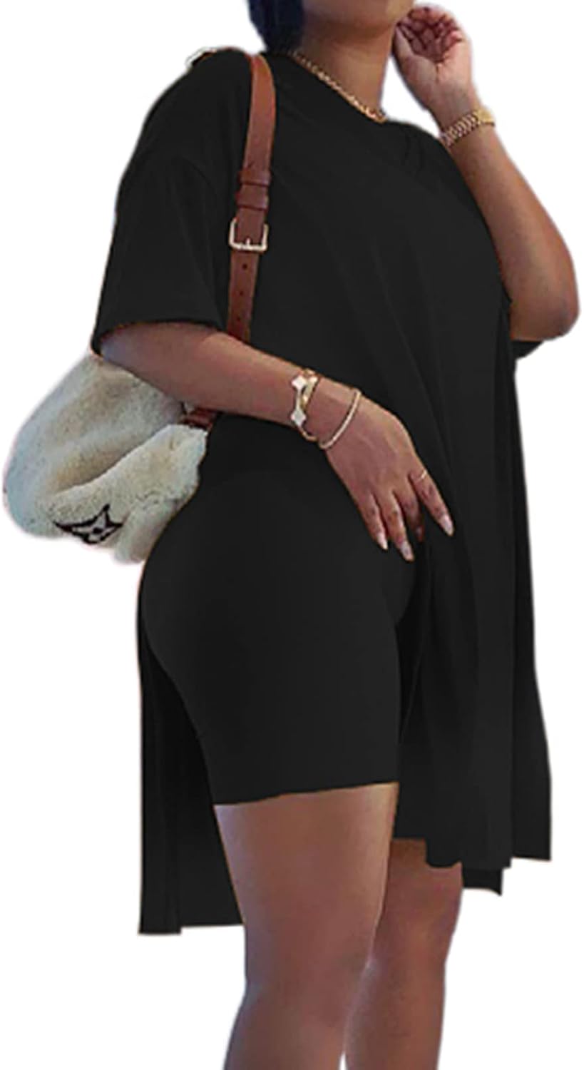 Difanlv Plus Size Women 2 Piece Outfits, Short Sleeve Tunic Tops Bodycon Biker Shorts Set, Summer Casual Oversized Tracksuit - Image 2