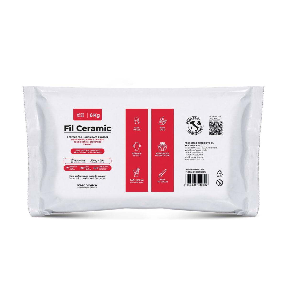 Gießpulver weiß Premium – Gips zum Gießen ungiftig & geruchlos – Giesspulver weiss für Silikonformen – Hochwertiger Keramikgips für Hobby, DIY & kreative Projekte - FIL CERAMIC (6 kg) | Giesspulver Weiss Für Silikonformen, Keramikgips Für Modellbau, Ungif
