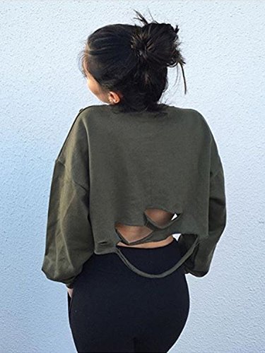 Choies Women Army Green Long Sleeve Ripped Cropped Sweatshirt Loose Pullover Crop Top L