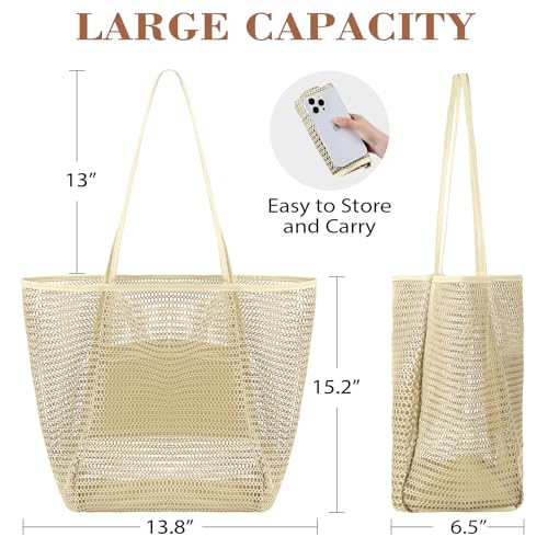 Image of Tavaleu Mesh Beach Bag, Beach Bags for Women, Woven Straw Beach Tote Bag Waterproof with Inner Pocket, Packable Beach Bag