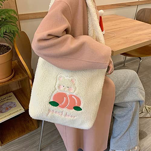 MEGAUK Women Faux Fur Tote Bag Girls Cute Bear Fluffy Shoulder Bag Plush Bag For Shopping Dating, White Lamb Velvet Peach Bear - Image 3