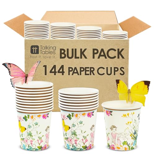 144 x Fairy Paper Cups with Butterfly Toppers 9oz Floral Party Cups for Girls Birthday, Tea Party, or Garden-Themed Celebrations – Disposable Drinkware with Whimsical Fairy & Flower Design