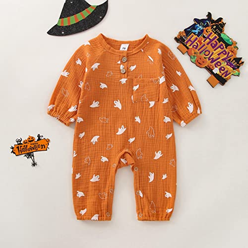 Mainesaka Baby Boy Girl Halloween Jumpsuit Romper Pumpkin Cotton Linen Button Front One-Piece Overall Bodysuit Outfit Clothes #TOP2