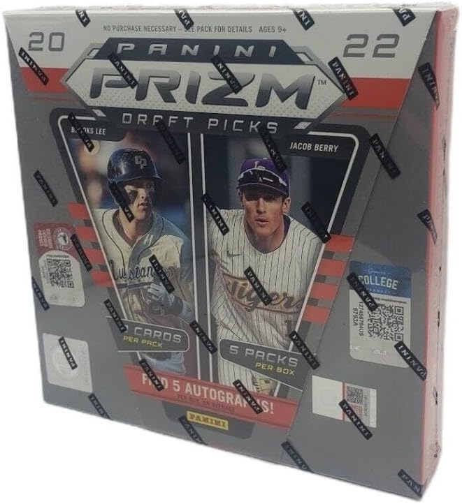 2022 Panini Prizm Draft Collegiate NCAA Baseball Factory Sealed Hobby Box contains 5 Autograph Cards Per Box on average 5 Packs of 9 Cards, 45 Cards