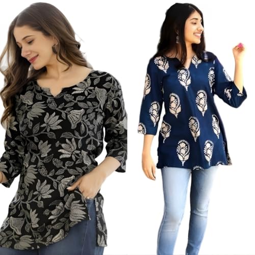 Image of Women's Cotton Printed Short Kurti, Round Neck, Three Quarter Sleeve, Straight Fit, Pack of 2