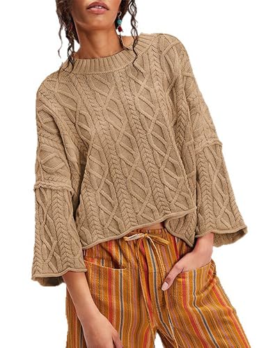 Zontroldy Women's Crewneck Lantern Sleeve Boxy Cable Knit Sweater Cropped Pullover Sweaters Jumper2
