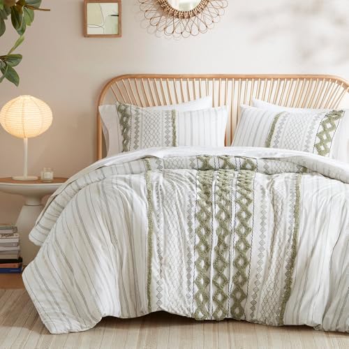 Image of Ink+Ivy Queen Duvet Cover Set Boho Chenille Tufted Cotton Duvet Cover for Queen Size Bed, All Season Queen Size Bedding Cover, Matching Shams, Imani, Full /Queen Sage Green /Ivory 3 Piece