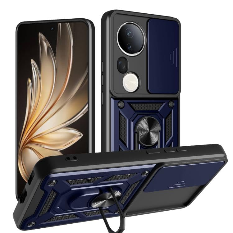 Image of SPAZY CASE Vivo T4 Ultra Back Cover | Heavy Duty Hybrid Case with 360 Degree Rotating Finger Ring Holder + Slider Shutter Camera Protection Case for Vivo T4 Ultra - Blue